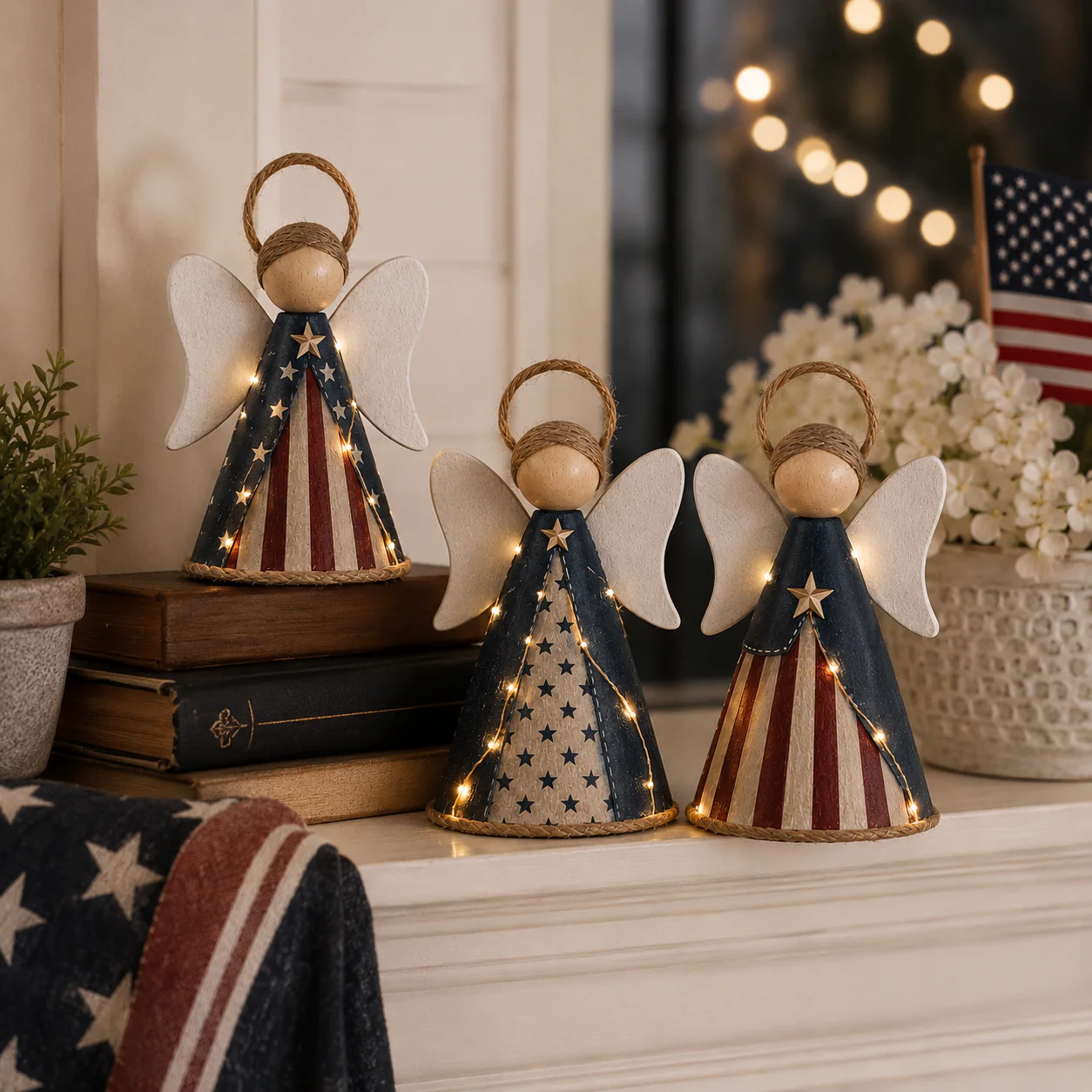 😇Rustic Red, White & Blue Angel Ornament with Warm LED Lights -3Pcs - Image 3
