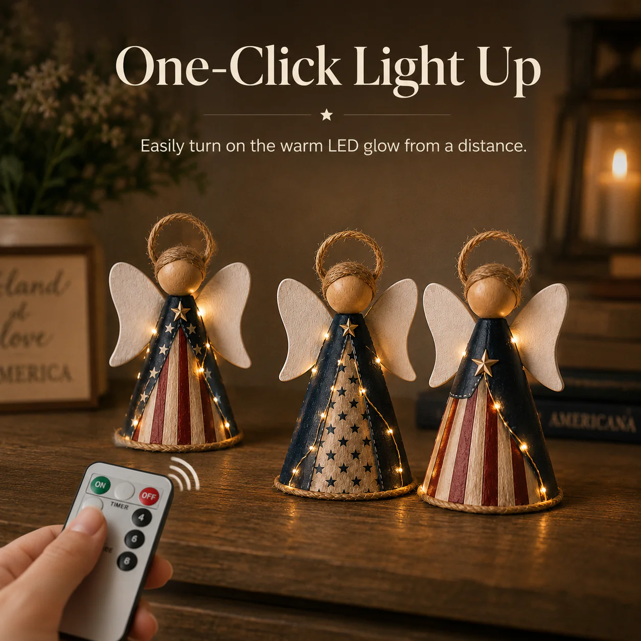 😇Rustic Red, White & Blue Angel Ornament with Warm LED Lights -3Pcs - Image 7