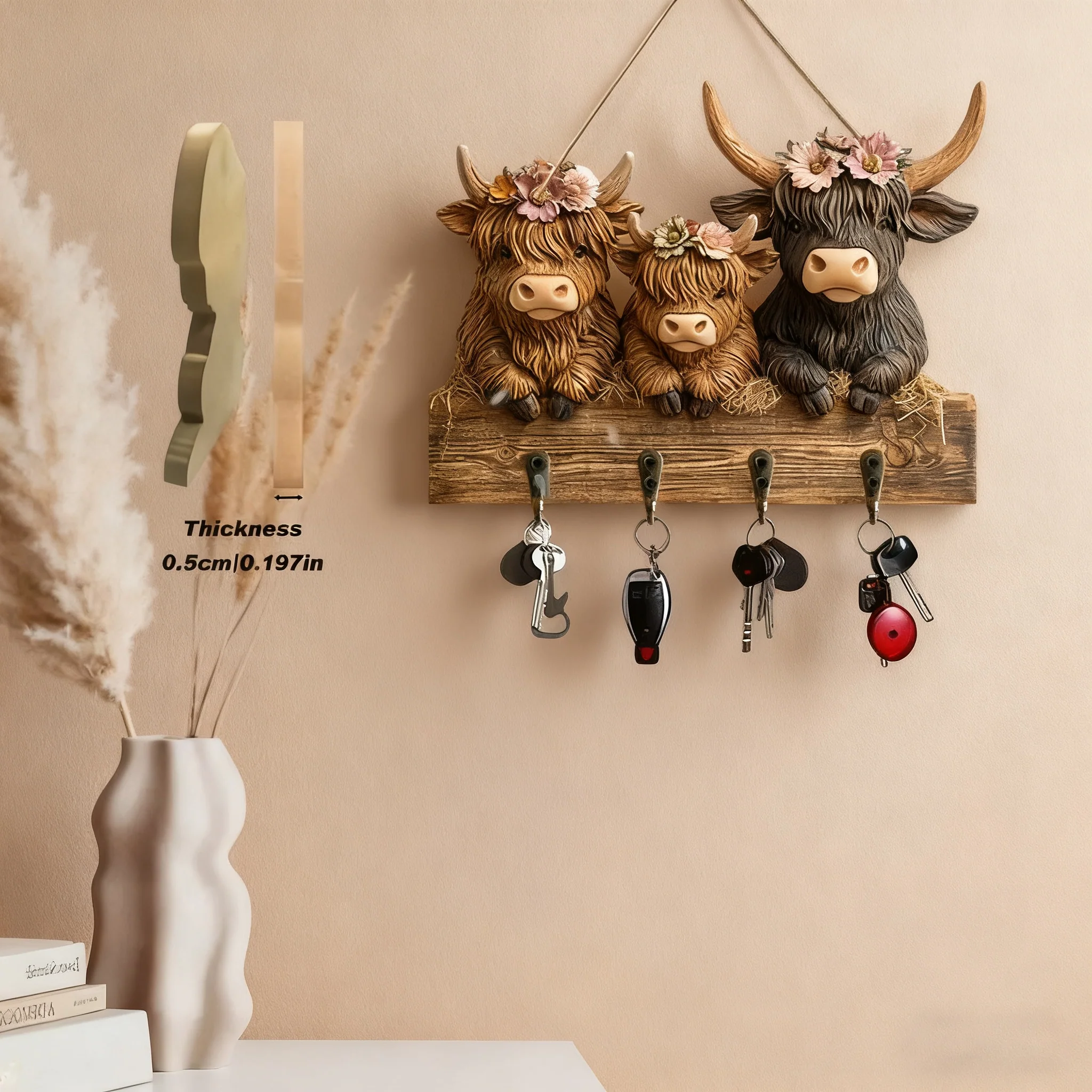 🐮 🐮2D-Rustic Highland Cow Wooden Family Key Holder Hanging Ornament with 4 Hooks - Image 10