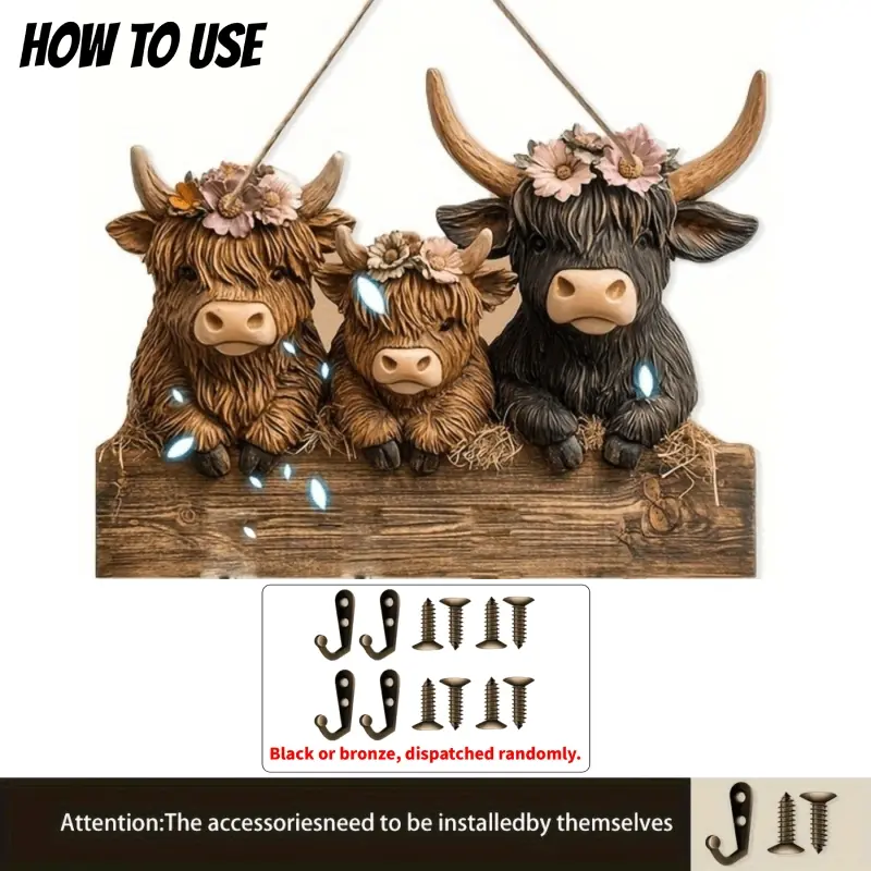 🐮 🐮2D-Rustic Highland Cow Wooden Family Key Holder Hanging Ornament with 4 Hooks - Image 4
