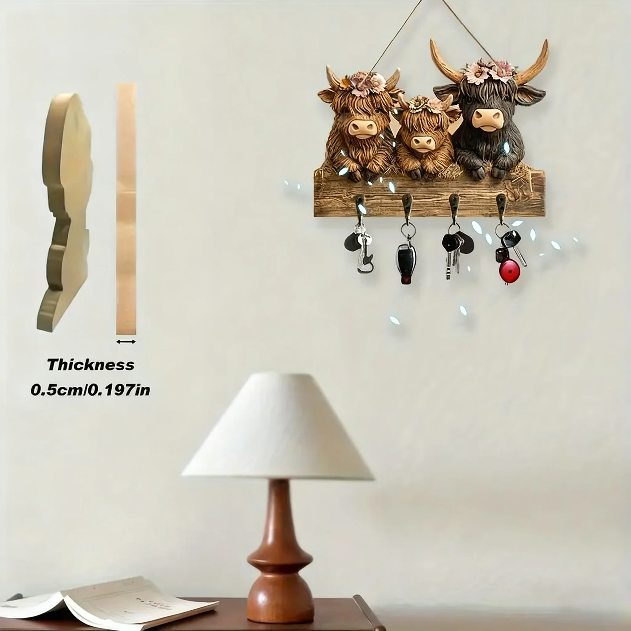 🐮2D- Rustic Highland Cow Wooden Family Key Holder Hanging Ornament with 4 Hooks - Image 6