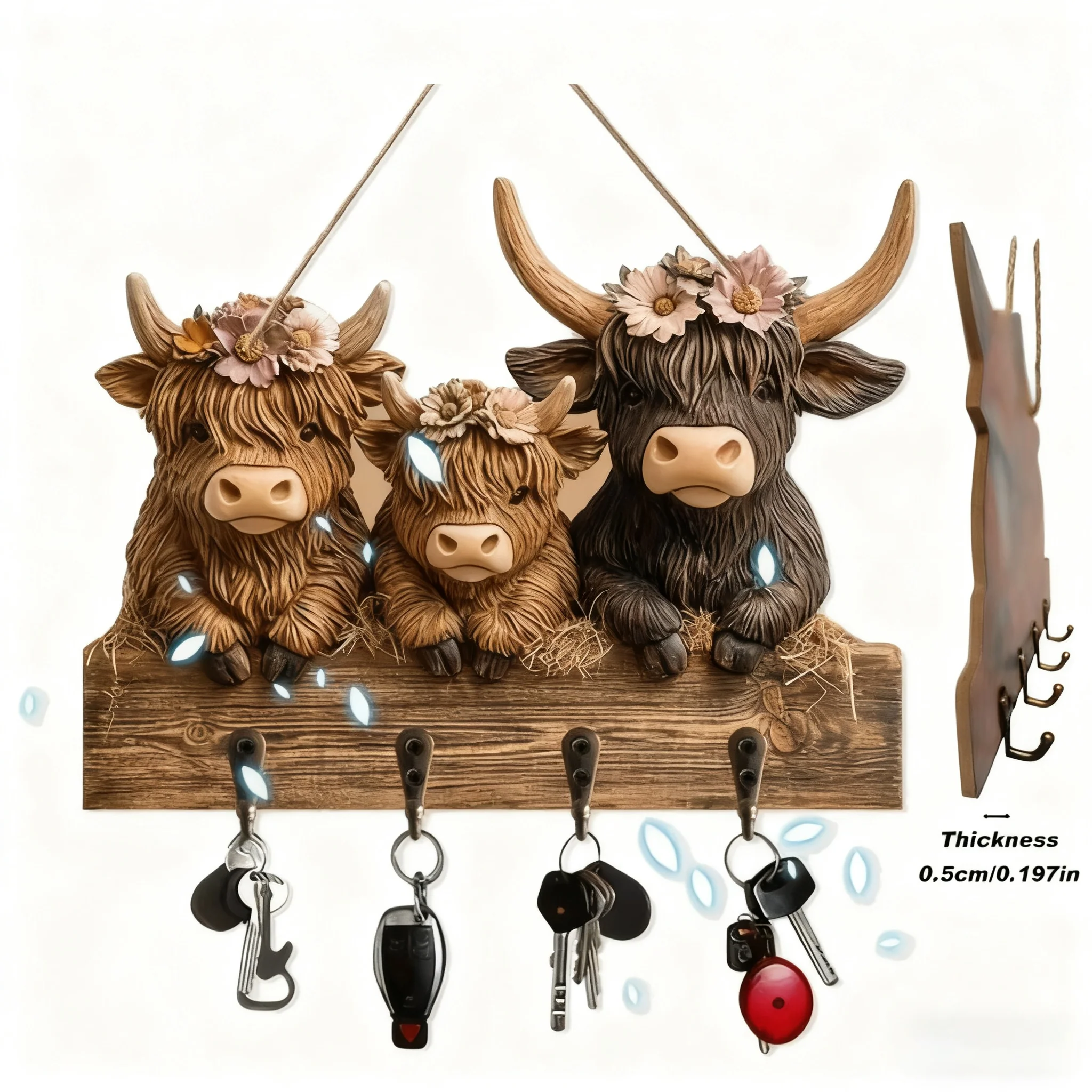 🐮2D- Rustic Highland Cow Wooden Family Key Holder Hanging Ornament with 4 Hooks - Image 9