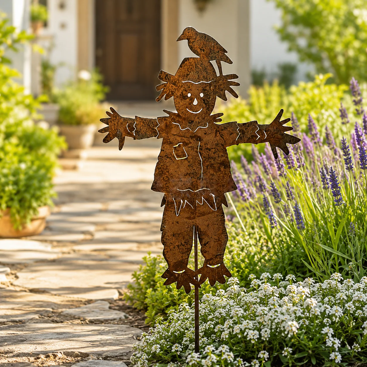 🐦🐦23'' Rustic Metal Scarecrow Garden Stake with Crow - Image 3