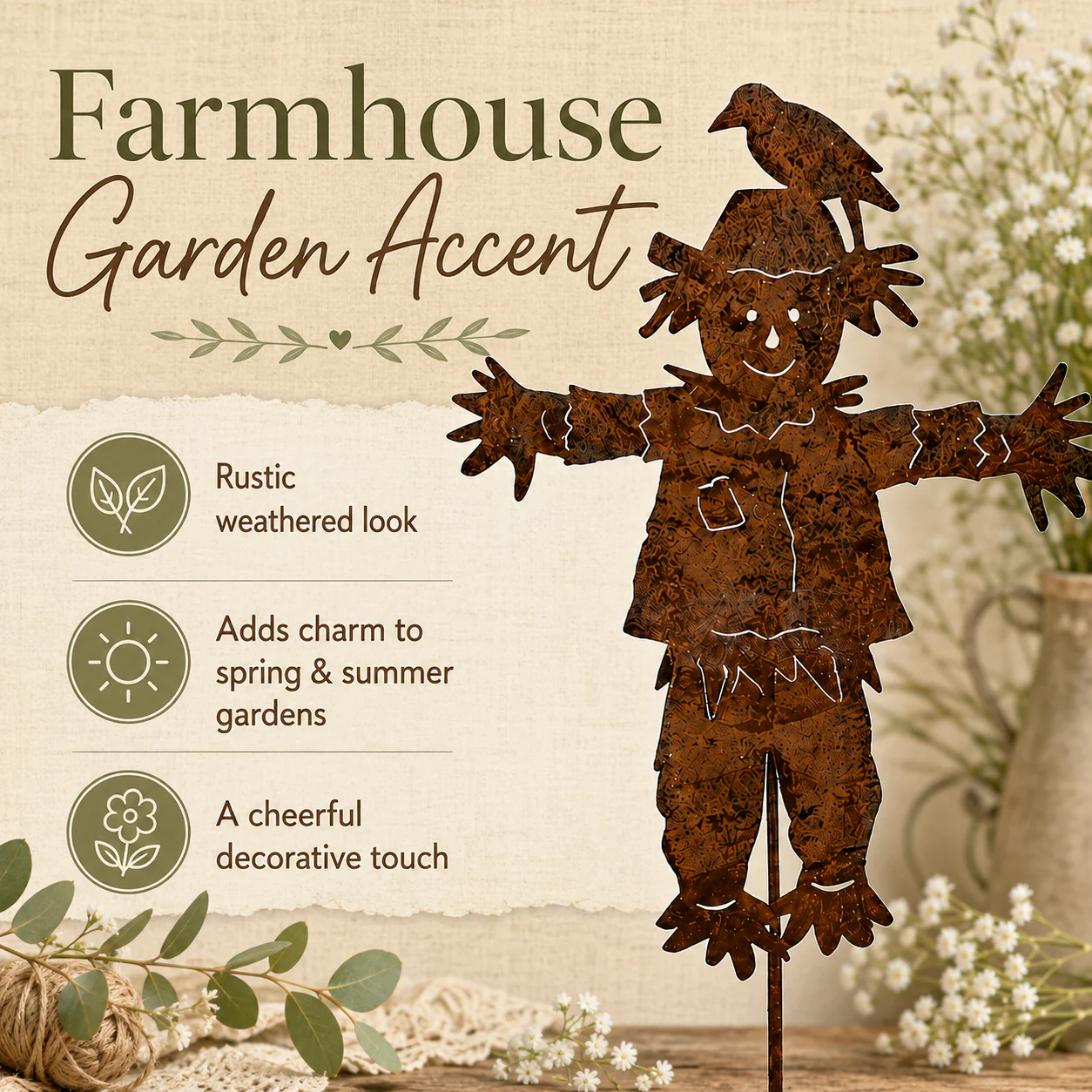 🐦23'' Rustic Metal Scarecrow Garden Stake with Crow - Image 7