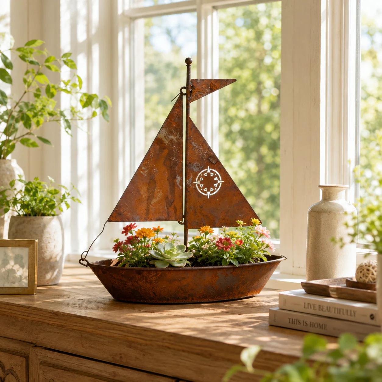 Rustic Sailboat Metal Planter - Image 17