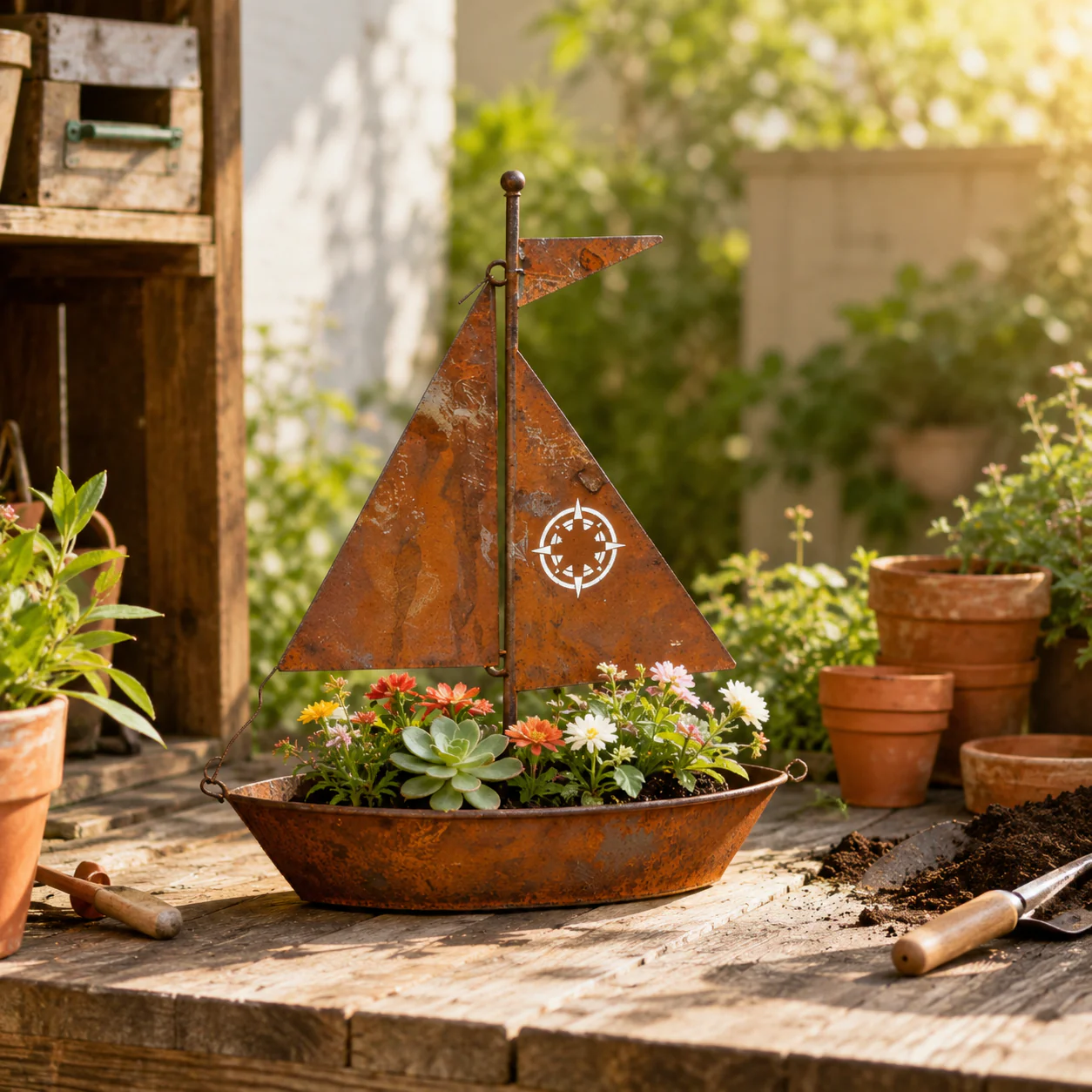 Rustic Sailboat Metal Planter - Image 4