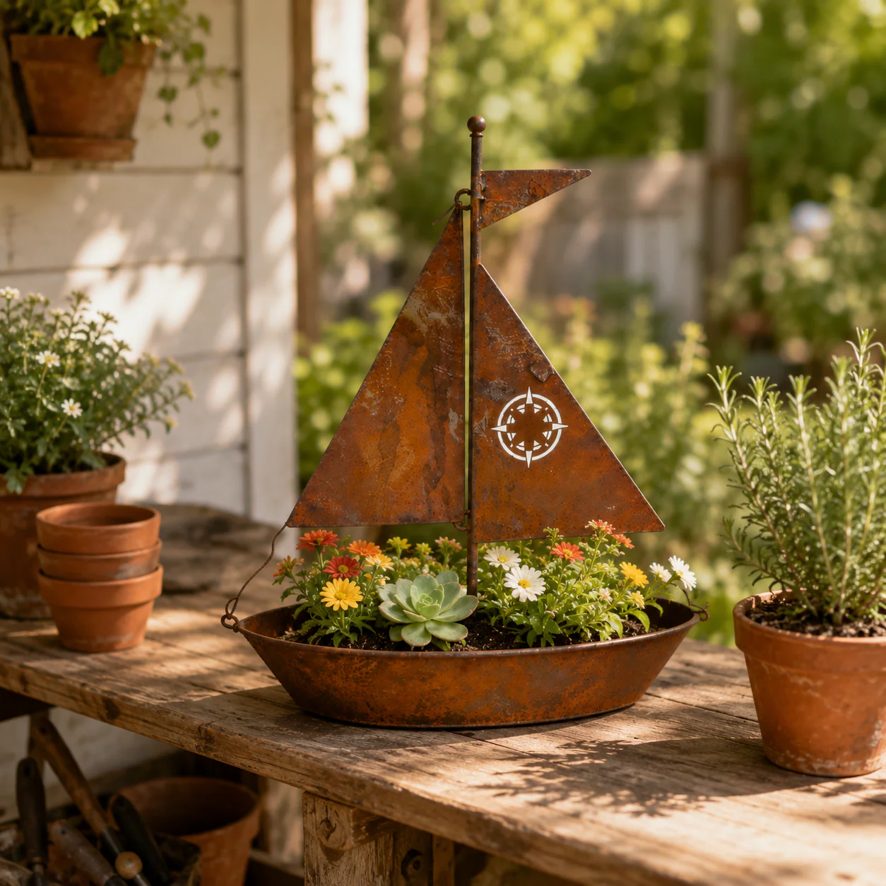 Rustic Sailboat Metal Planter - Image 6