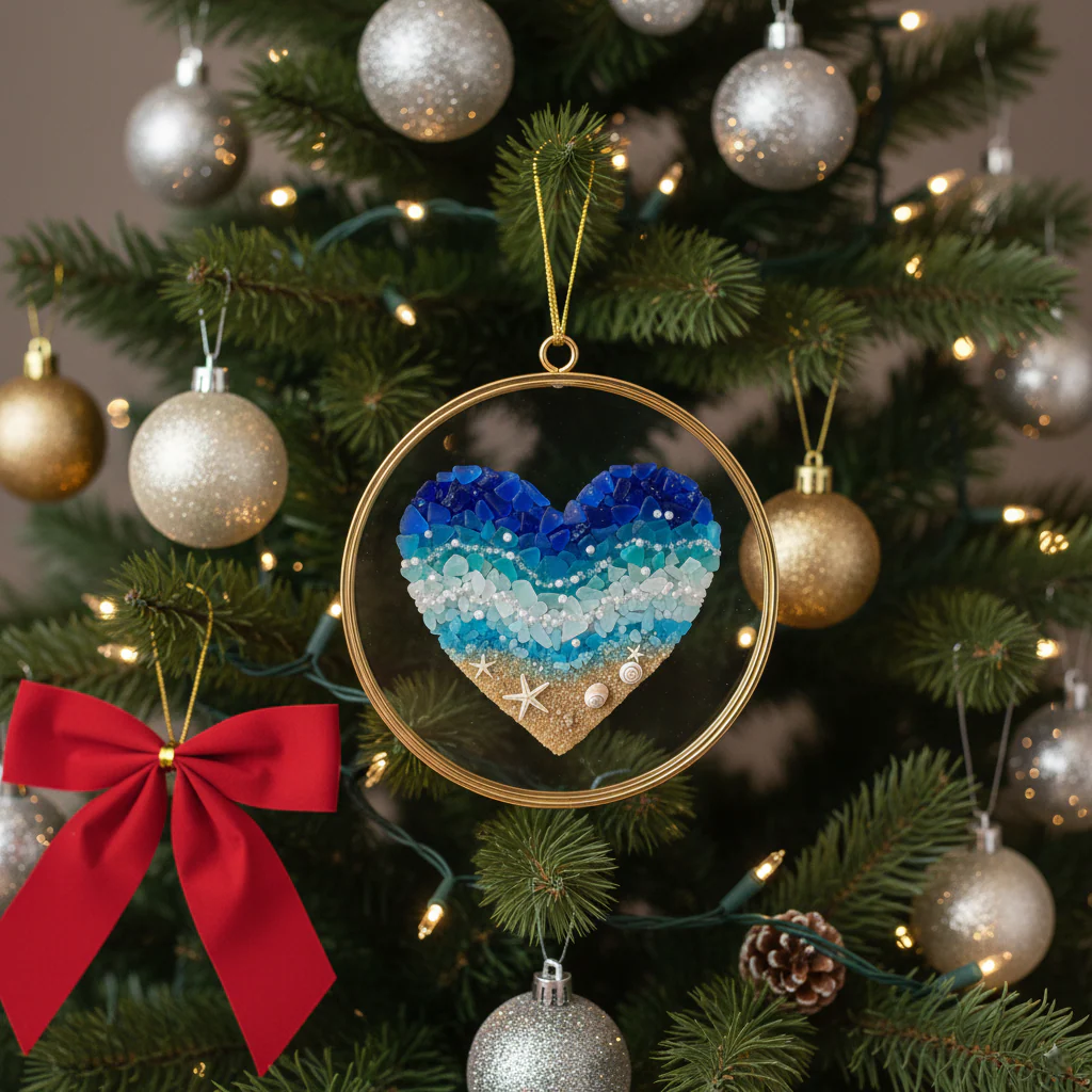💙🌊 Sea Glass Heart Ornament – Handmade Coastal Christmas Decoration - Image 2