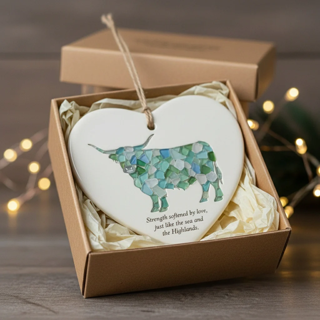 Sea Glass Highland Cow Heart Ornament - Image 4