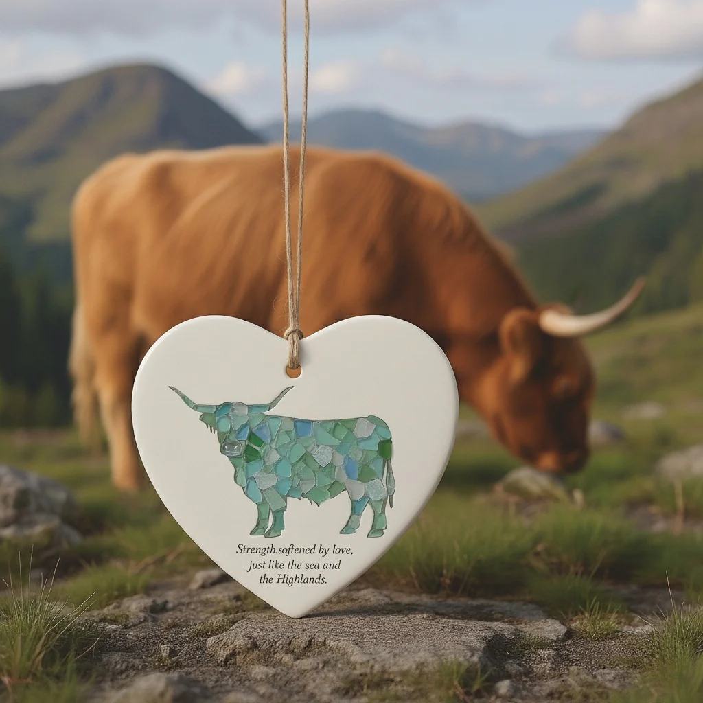 Sea Glass Highland Cow Heart Ornament - Image 6