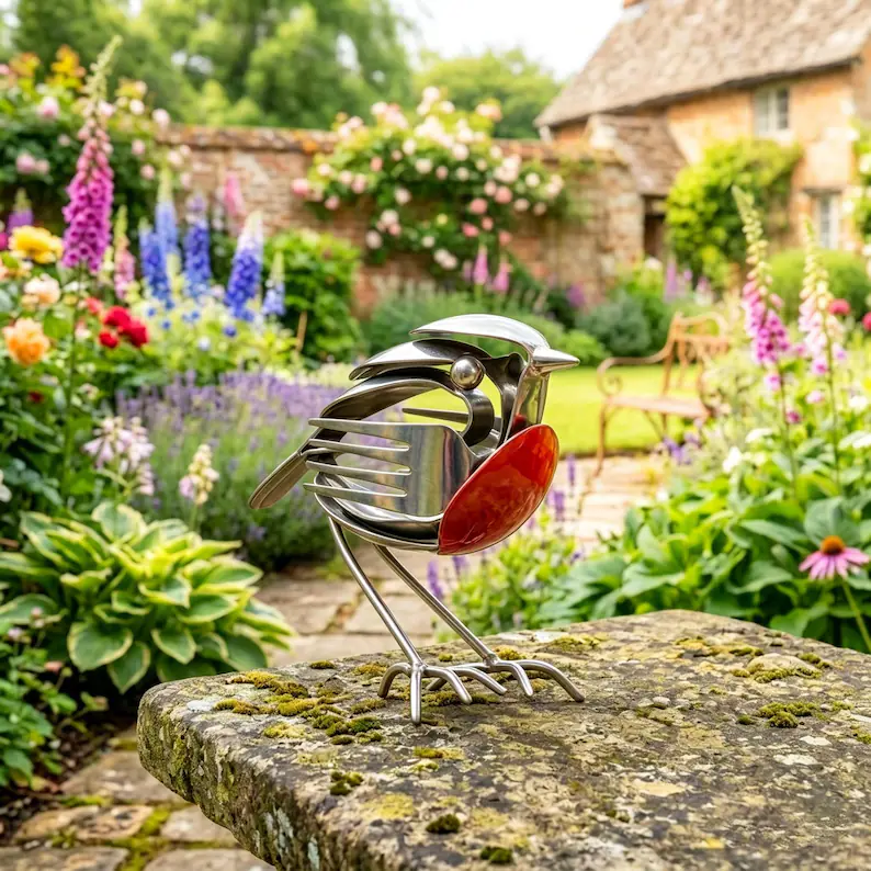 Summer Hot Sale Handmade Upcycled Cutlery Robin Sculpture, Metal Bird Art Decor - Image 2