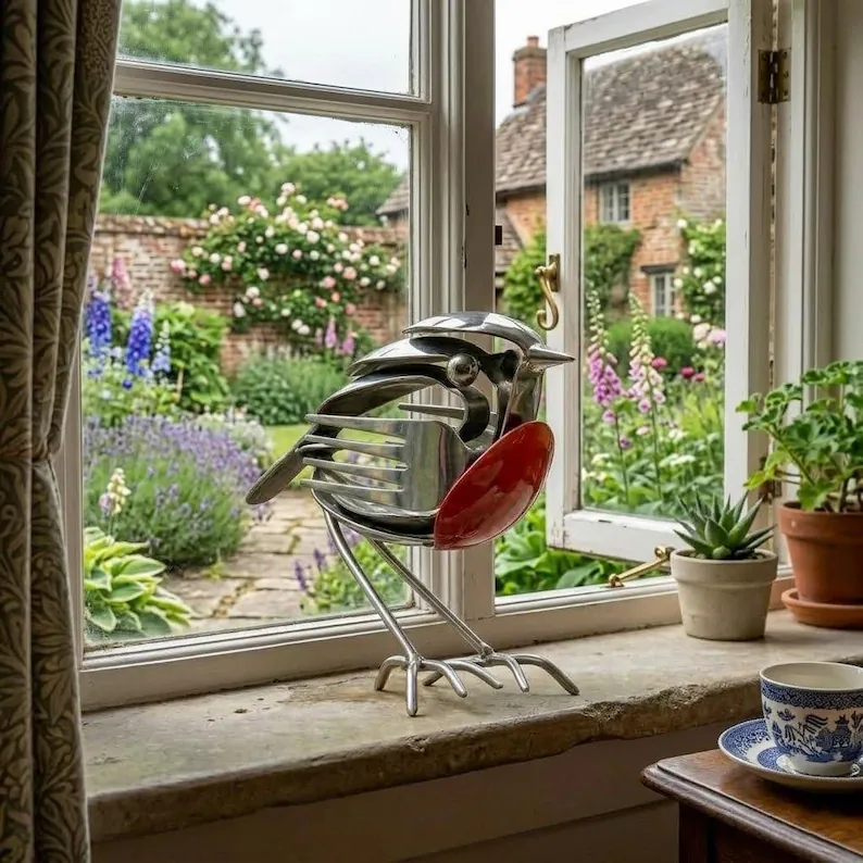 Summer Hot Sale Handmade Upcycled Cutlery Robin Sculpture, Metal Bird Art Decor - Image 3