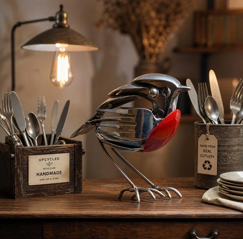 Summer Hot Sale Handmade Upcycled Cutlery Robin Sculpture, Metal Bird Art Decor - Image 4