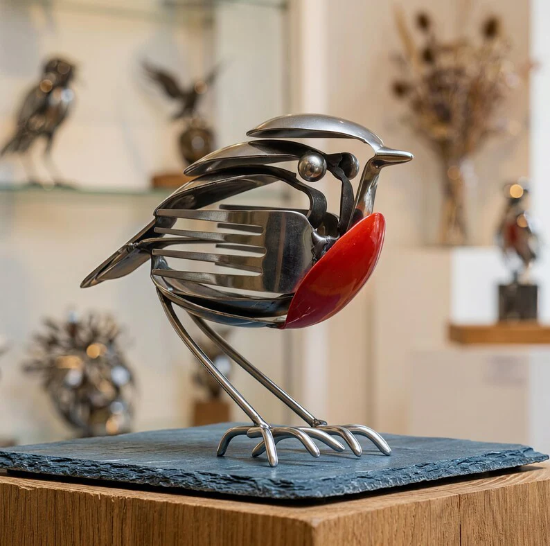 Summer Hot Sale Handmade Upcycled Cutlery Robin Sculpture, Metal Bird Art Decor - Image 6