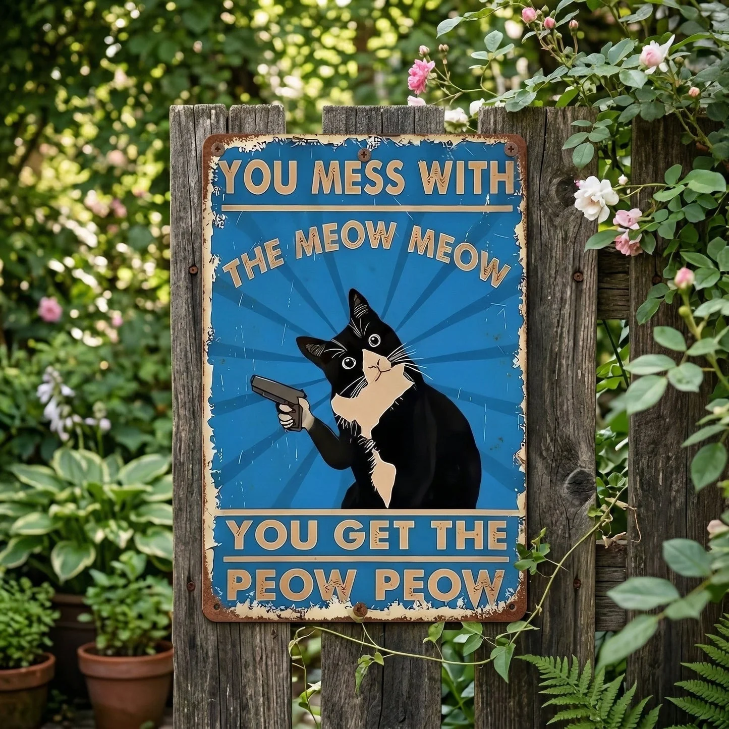 Vintage Black & White Cat Sign – Funny “You Mess With The Meow Meow, You Get The Peow Peow” Wall Decor 😂🐱 - Image 5