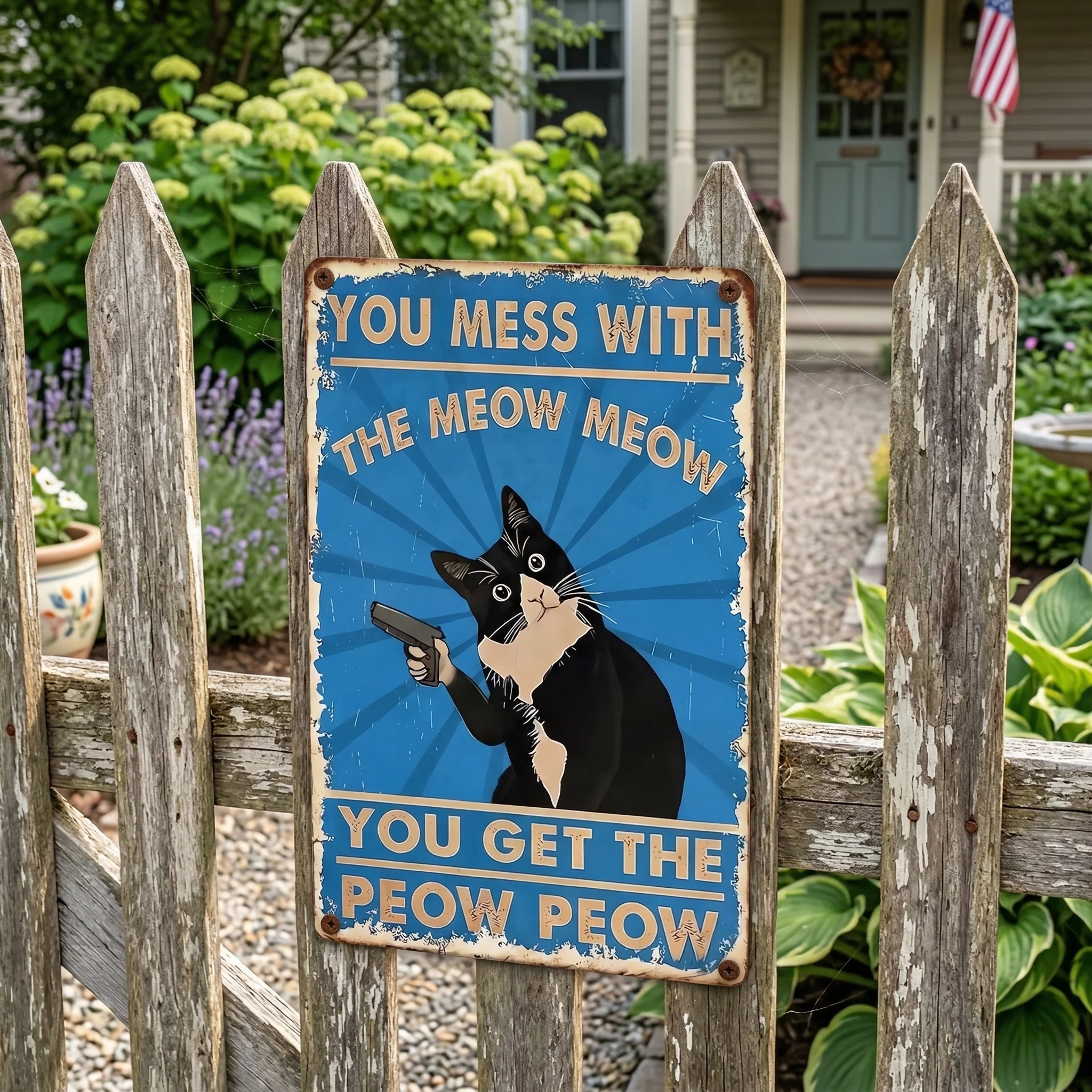 Vintage Black & White Cat Sign – Funny “You Mess With The Meow Meow, You Get The Peow Peow” Wall Decor 😂🐱 - Image 3