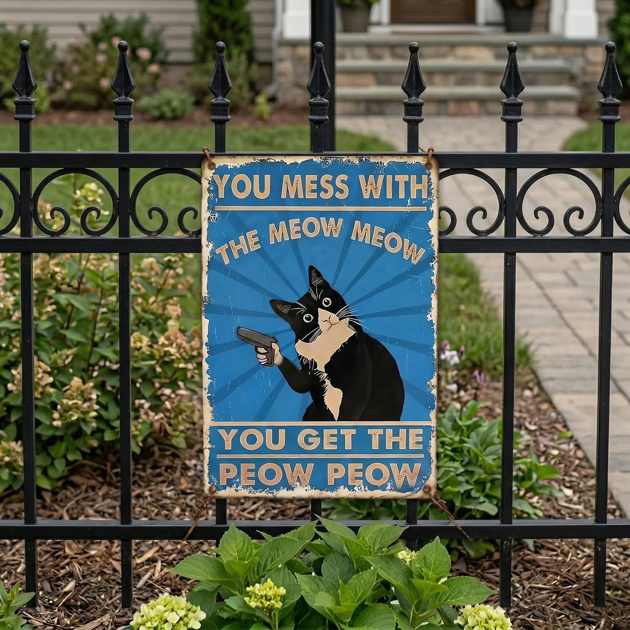 Vintage Black & White Cat Sign – Funny “You Mess With The Meow Meow, You Get The Peow Peow” Wall Decor 😂🐱 - Image 4