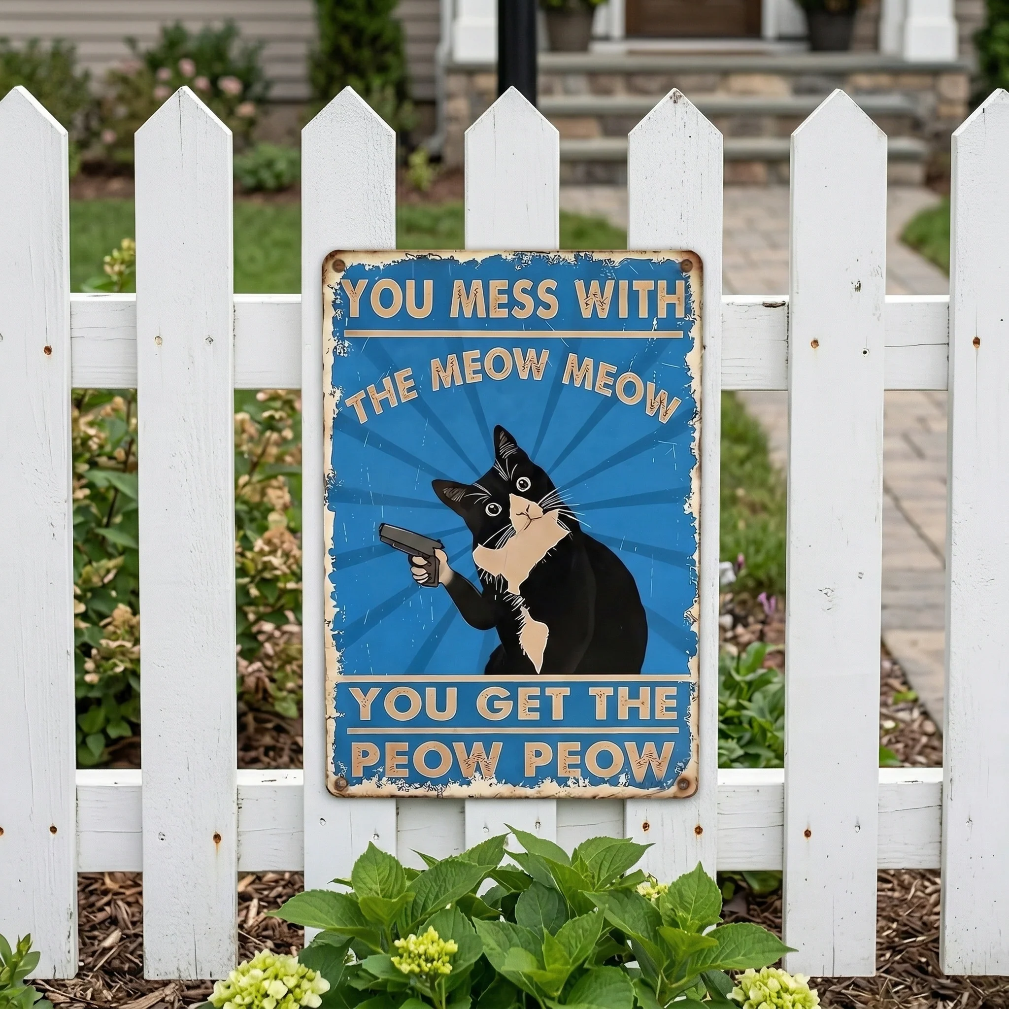 Vintage Black & White Cat Sign – Funny “You Mess With The Meow Meow, You Get The Peow Peow” Wall Decor 😂🐱 - Image 5