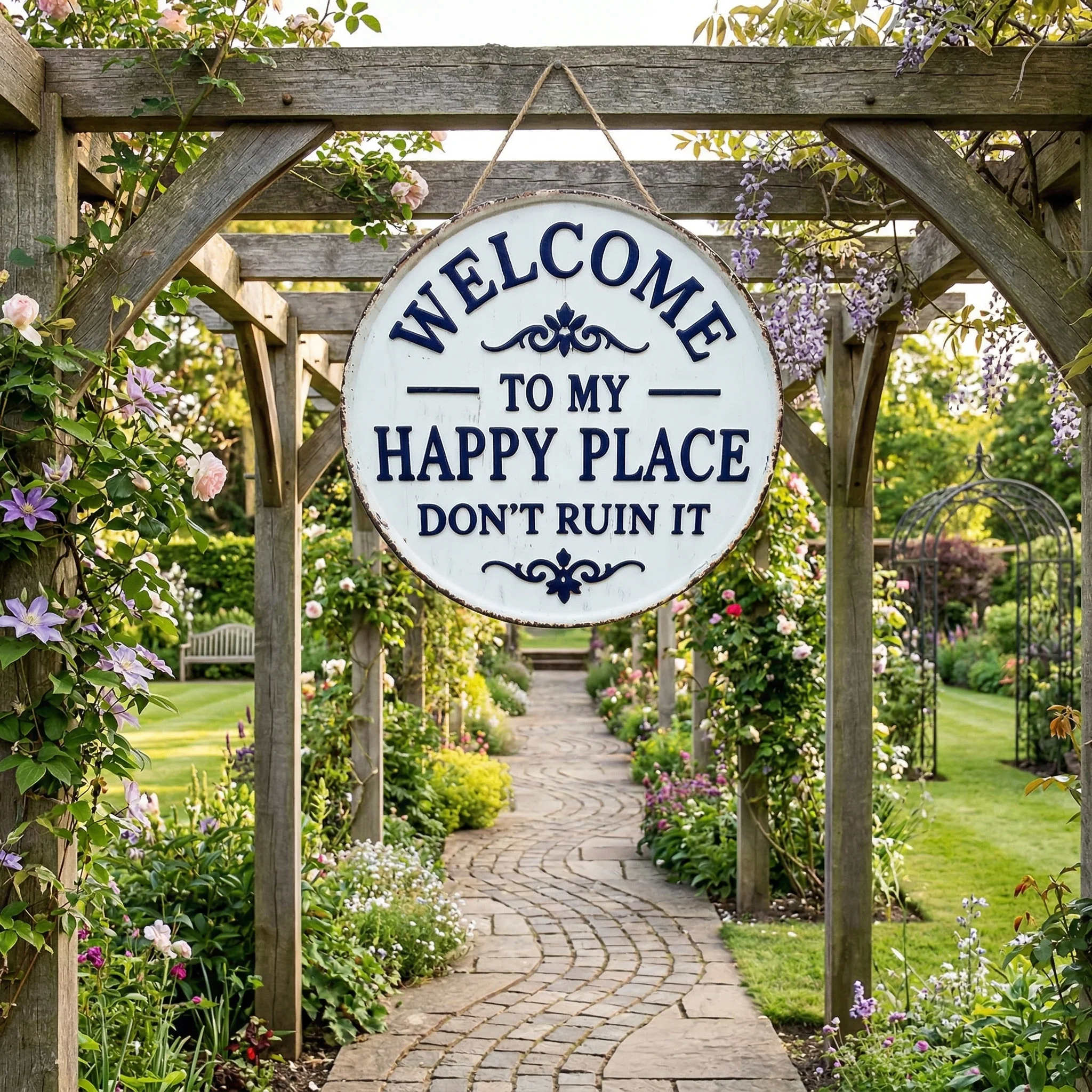 Vintage Round Metal Sign – “Welcome to My Happy Place Don’t Ruin It” Garden Wall Decor - Image 3