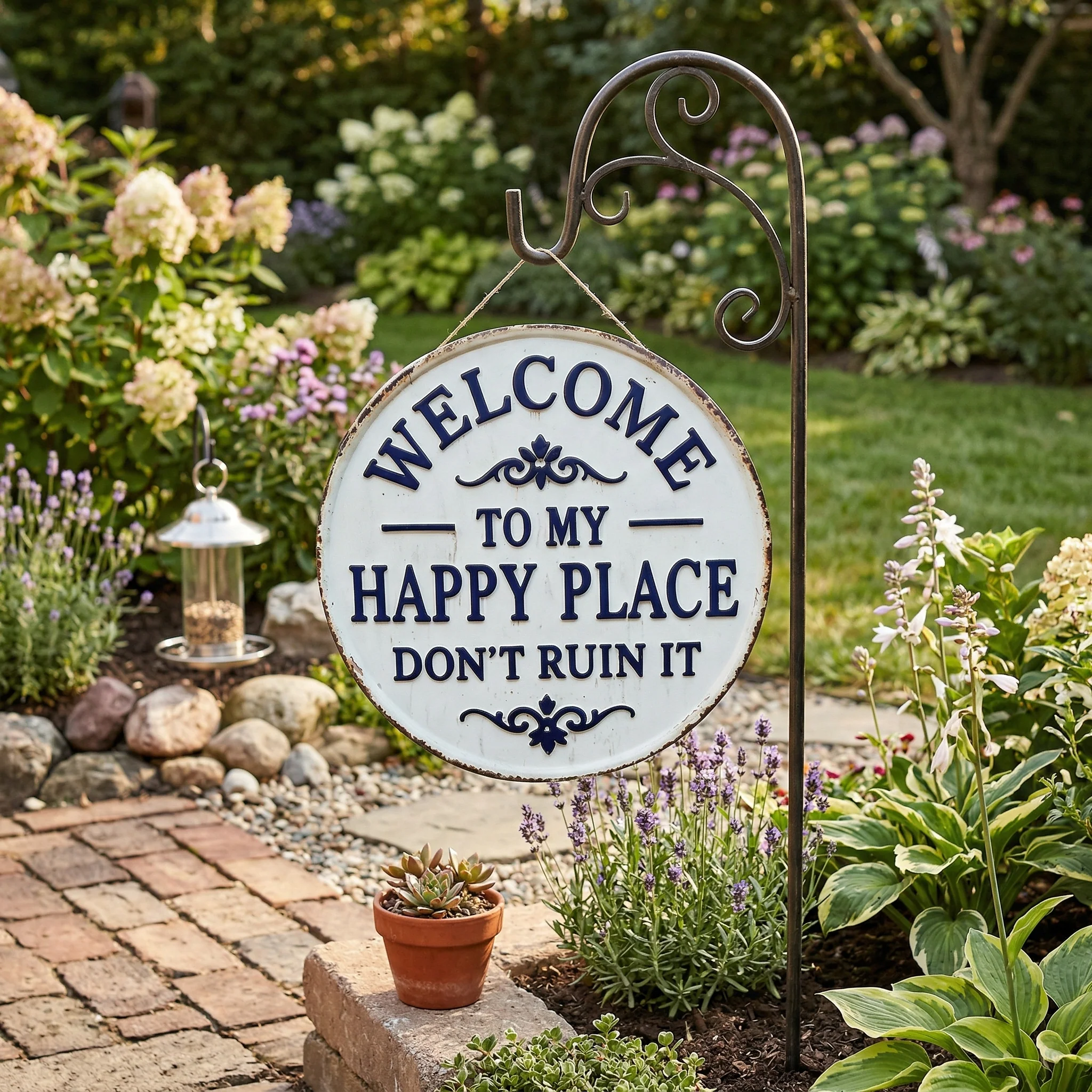 Vintage Round Metal Sign – “Welcome to My Happy Place Don’t Ruin It” Garden Wall Decor - Image 4