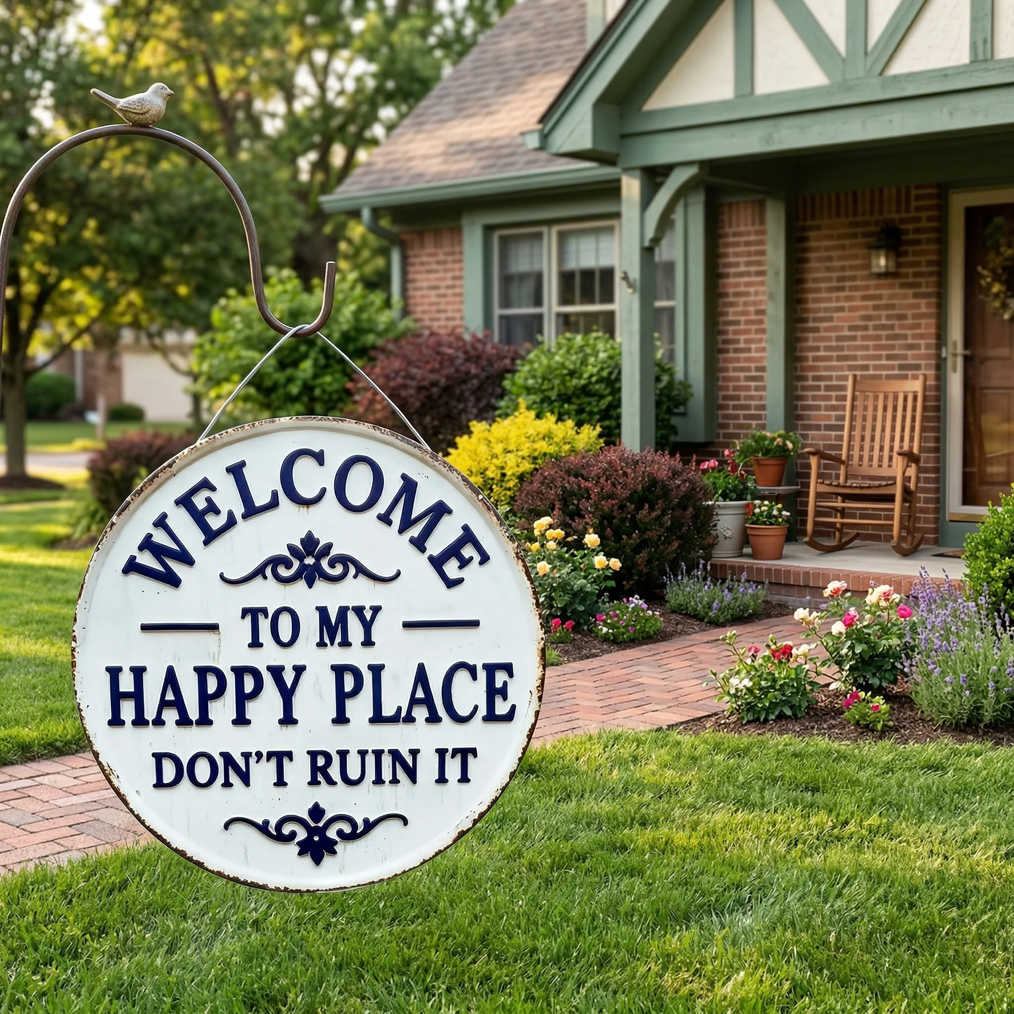 Vintage Round Metal Sign – “Welcome to My Happy Place Don’t Ruin It” Garden Wall Decor - Image 7