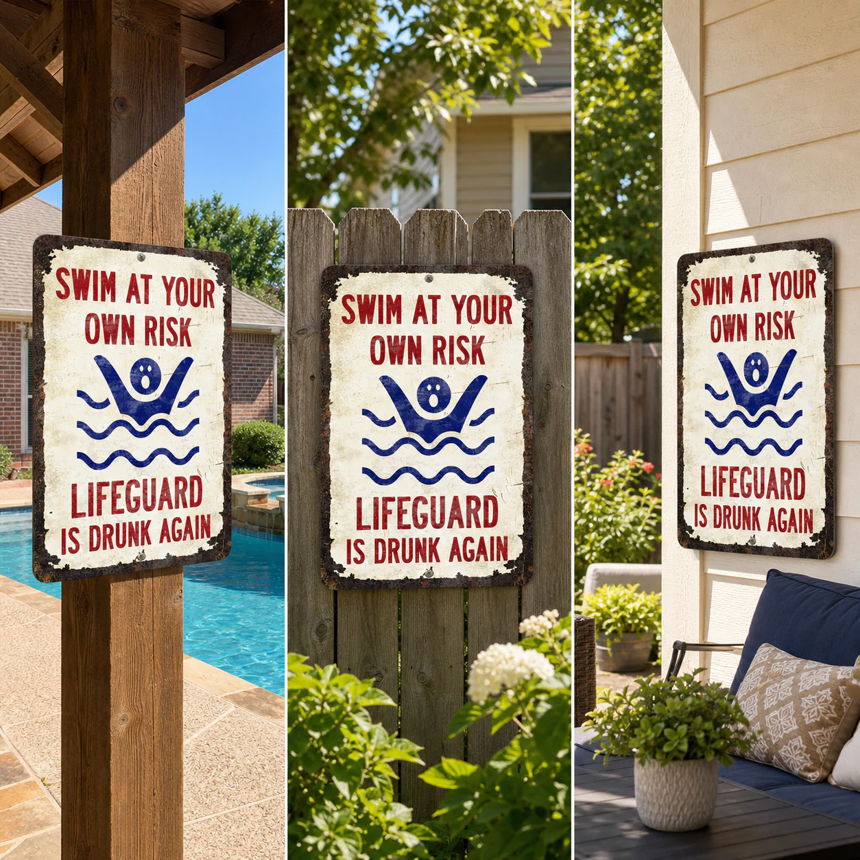 Vintage "Lifeguard Is Drunk Again" Pool Sign – Funny Metal Pool Wall Decor 😂🍻 - Image 5