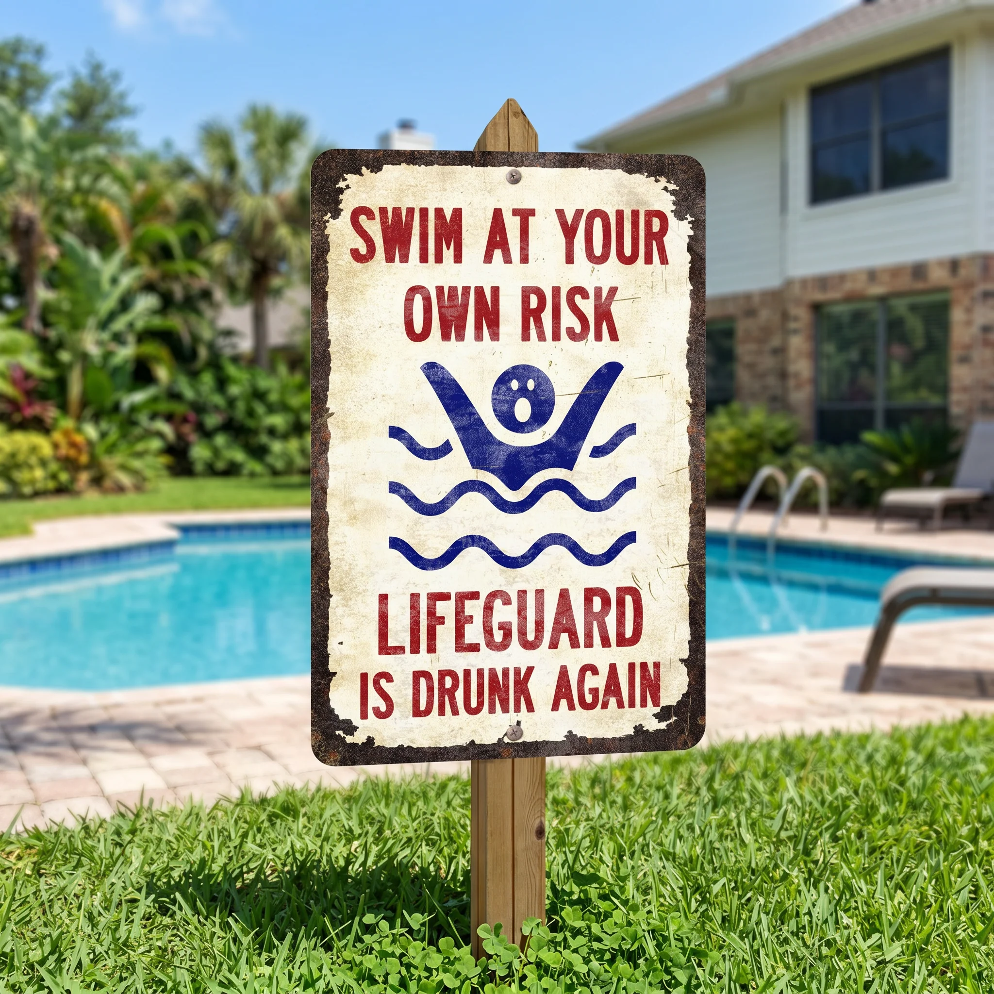 Vintage "Lifeguard Is Drunk Again" Pool Sign – Funny Metal Pool Wall Decor 😂🍻 - Image 7
